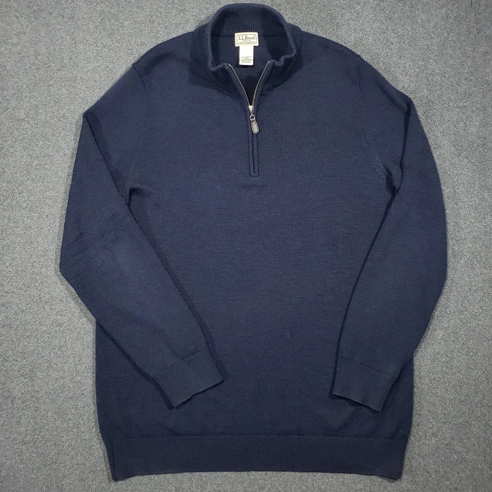 LL Bean‎ Quarter Zip Sweater Mens L Tall Navy Blue 100% Merino Wool 285159